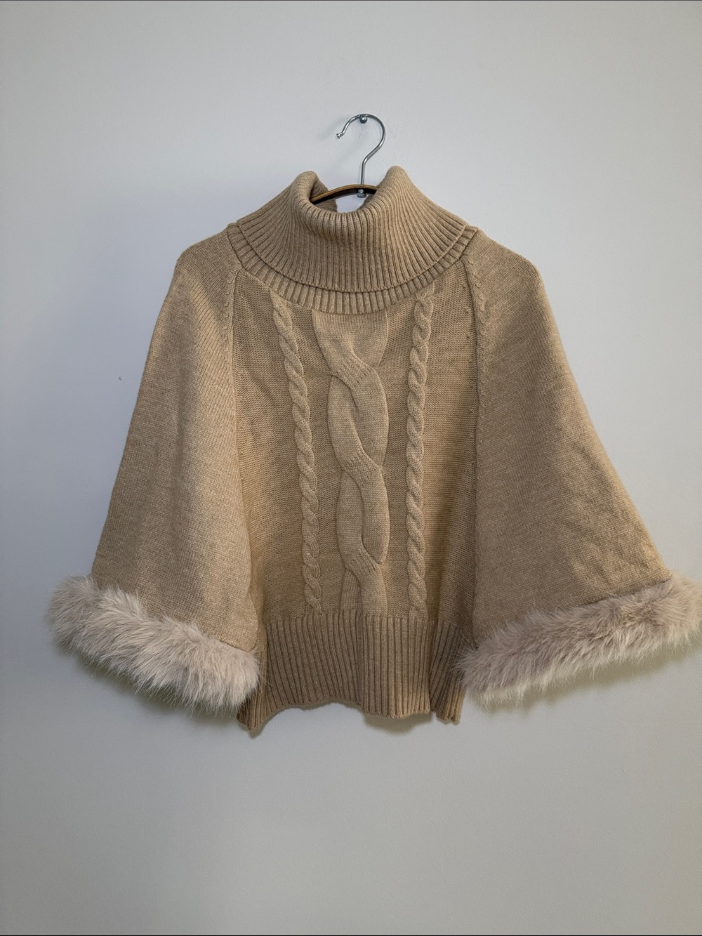 Beige Cable-Knit Turtleneck Poncho Sweater with Faux Fur Cuffs